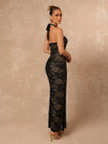 Floral Elegant Sexy Lace Halter Tie Bodycon Ruched Maxi Dress