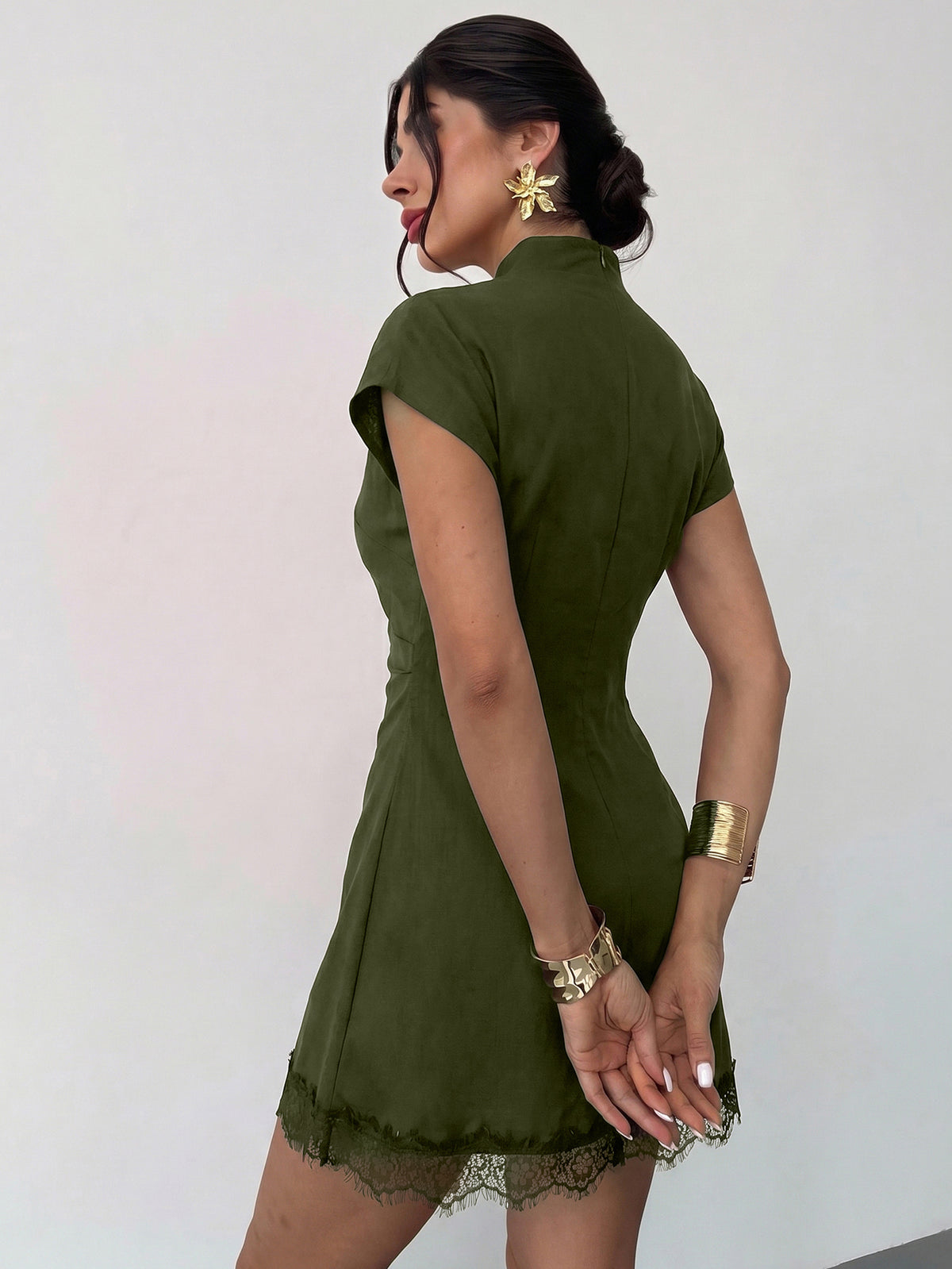 Women Shades Of Brown Pleated Lace Trim Mini Dress