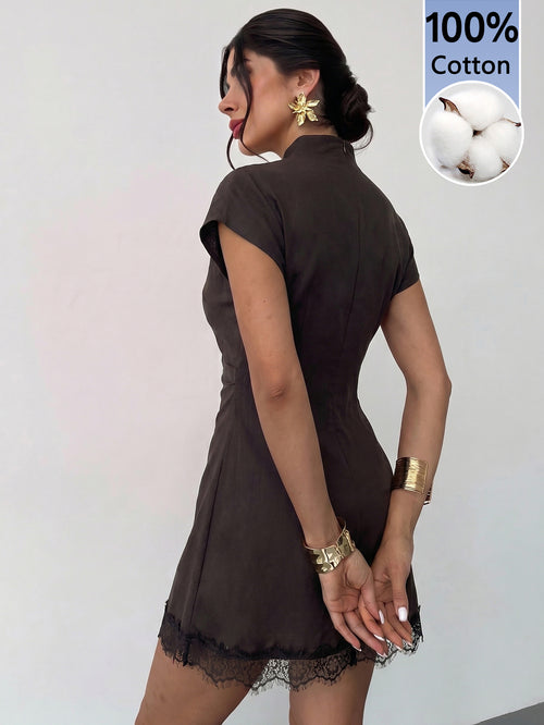 Women Shades Of Brown Pleated Lace Trim Mini Dress