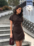 Women Shades Of Brown Pleated Lace Trim Mini Dress