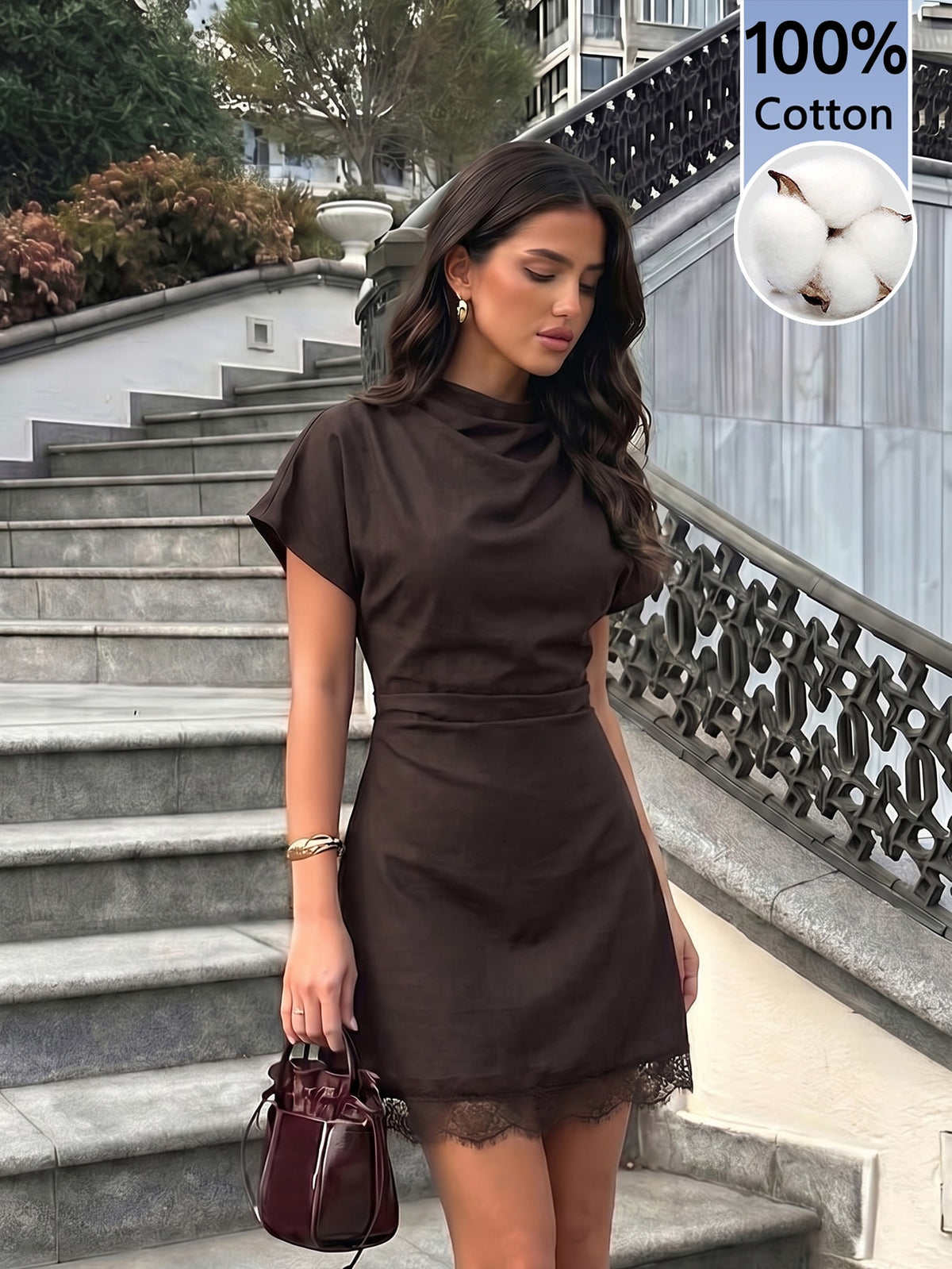 Women Shades Of Brown Pleated Lace Trim Mini Dress