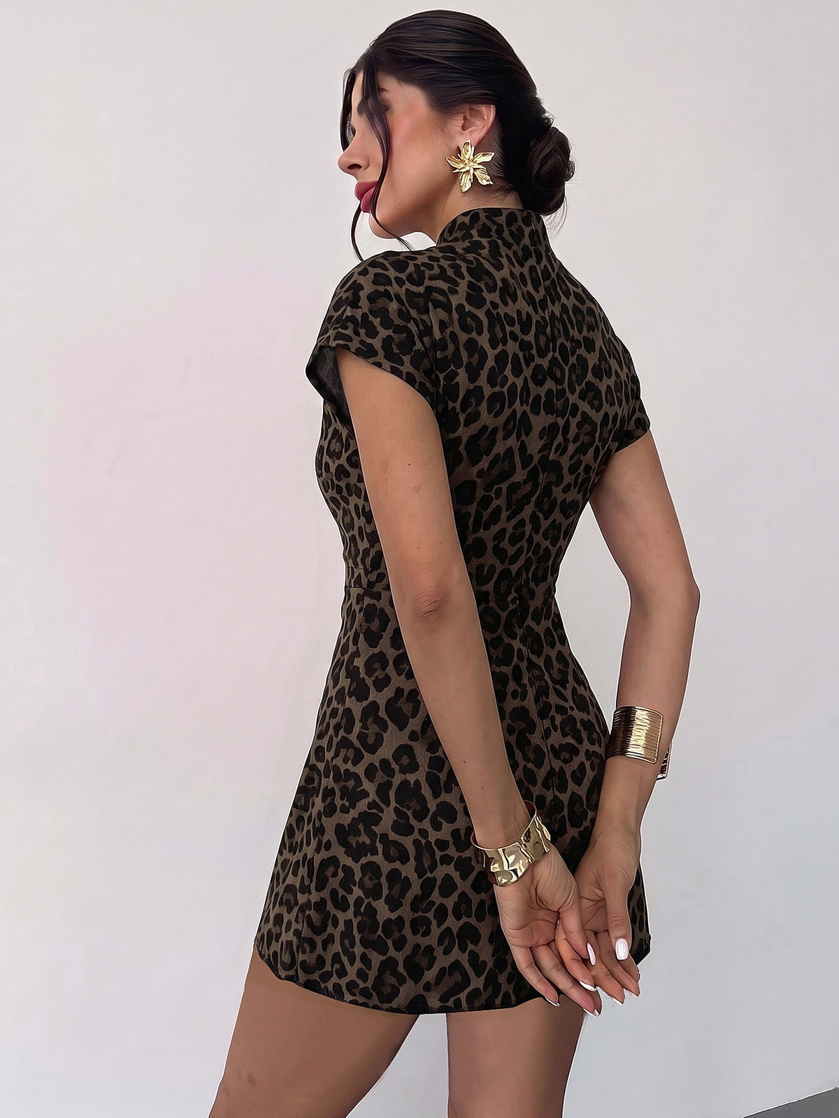 Women Shades Of Brown Pleated Lace Trim Mini Dress