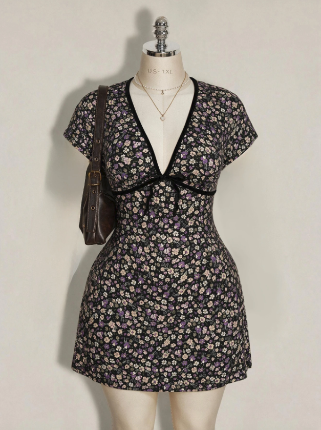 Plus Size Retro Y2K Deep V-Neck Ditsy Floral Short Sleeve A-Line Dress,Black,Summer,Boho,Night Out Beach Club,Holiday,Casual Vacation Vintage Outfit